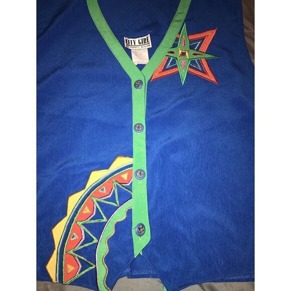 City Girl By Nancy Bolen Womens 80s Abstract Vest Embroidered Star Bling Buttons - Picture 3 of 8